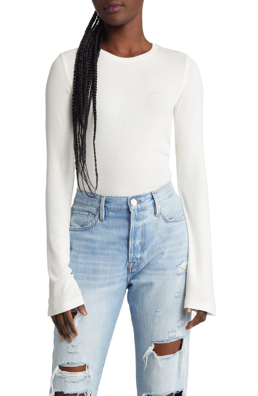 Frame Ribbed Off White Long Sleeve Size X-Small Top